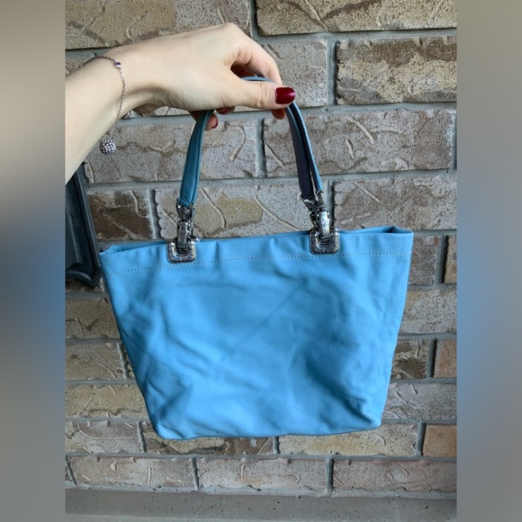 Vintage BRIGHTON Blue Smooth Leather Heart Stitched Small Tote Purse Romantic - Picture 7 of 16